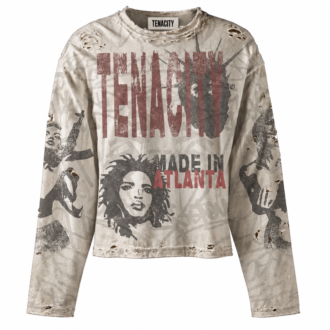 Full view of the distressed Tenacity graphic long sleeve