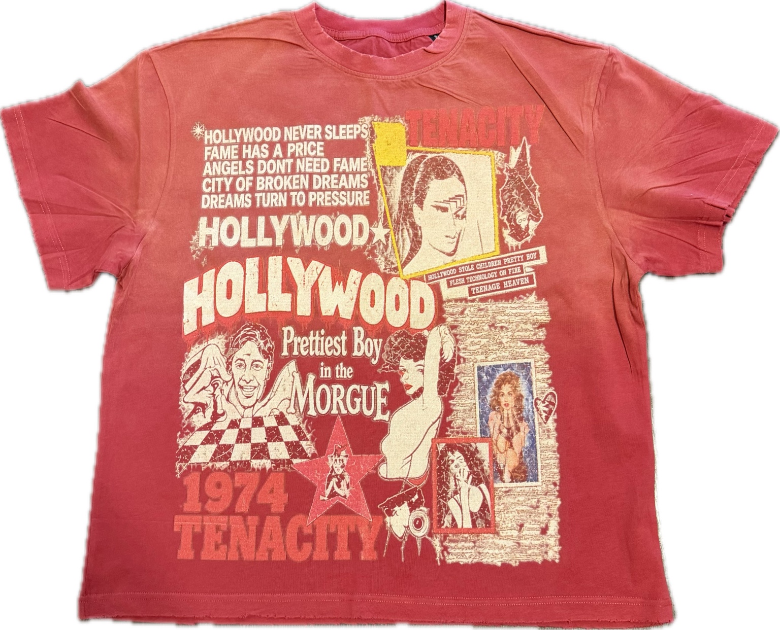 Front of the red Tenacity Hollywood graphic tee